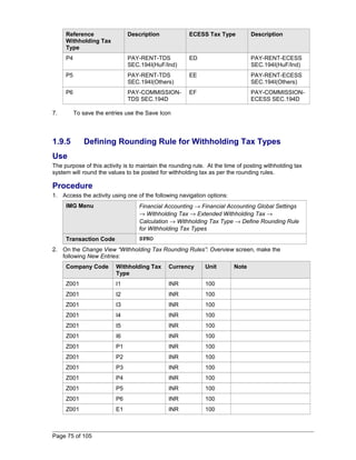 Reference 
Withholding Tax 
Type 
Description ECESS Tax Type Description 
P4 PAY-RENT-TDS 
SEC.194I(HuF/Ind) 
ED PAY-RENT-ECESS 
SEC.194I(HuF/Ind) 
P5 PAY-RENT-TDS 
SEC.194I(Others) 
EE PAY-RENT-ECESS 
SEC.194I(Others) 
P6 PAY-COMMISSION-TDS 
SEC.194D 
EF PAY-COMMISSION-ECESS 
SEC.194D 
7. To save the entries use the Save Icon 
1.9.5 Defining Rounding Rule for Withholding Tax Types 
Use 
The purpose of this activity is to maintain the rounding rule. At the time of posting withholding tax 
system will round the values to be posted for withholding tax as per the rounding rules. 
Procedure 
1. Access the activity using one of the following navigation options: 
IMG Menu Financial Accounting ® Financial Accounting Global Settings 
® Withholding Tax ® Extended Withholding Tax ® 
Calculation ® Withholding Tax Type ® Define Rounding Rule 
for Withholding Tax Types 
Transaction Code SPRO 
2. On the Change View “Withholding Tax Rounding Rules”: Overview screen, make the 
following New Entries: 
Company Code Withholding Tax 
Type 
Currency Unit Note 
Z001 I1 INR 100 
Z001 I2 INR 100 
Z001 I3 INR 100 
Z001 I4 INR 100 
Z001 I5 INR 100 
Z001 I6 INR 100 
Z001 P1 INR 100 
Z001 P2 INR 100 
Z001 P3 INR 100 
Z001 P4 INR 100 
Z001 P5 INR 100 
Z001 P6 INR 100 
Z001 E1 INR 100 
Page 75 of 105 
 