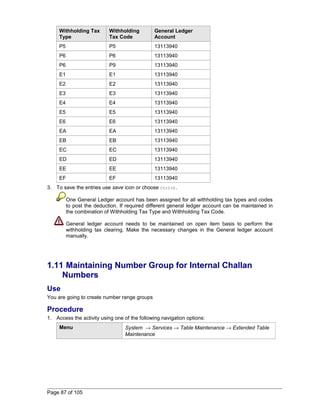 Withholding Tax 
Type 
Withholding 
Tax Code 
General Ledger 
Account 
P5 P5 13113940 
P6 P6 13113940 
P6 P9 13113940 
E1 E1 13113940 
E2 E2 13113940 
E3 E3 13113940 
E4 E4 13113940 
E5 E5 13113940 
E6 E6 13113940 
EA EA 13113940 
EB EB 13113940 
EC EC 13113940 
ED ED 13113940 
EE EE 13113940 
EF EF 13113940 
3. To save the entries use save icon or choose Ctrl+S. 
One General Ledger account has been assigned for all withholding tax types and codes 
to post the deduction. If required different general ledger account can be maintained in 
the combination of Withholding Tax Type and Withholding Tax Code. 
General ledger account needs to be maintained on open item basis to perform the 
withholding tax clearing. Make the necessary changes in the General ledger account 
manually. 
1.11 Maintaining Number Group for Internal Challan 
Numbers 
Use 
You are going to create number range groups 
Procedure 
1. Access the activity using one of the following navigation options: 
Menu System ® Services ® Table Maintenance ® Extended Table 
Maintenance 
Page 87 of 105 
 