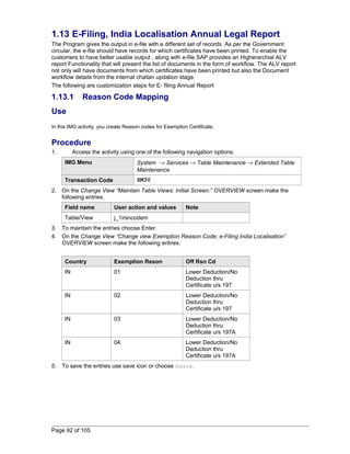 1.13 E-Filing, India Localisation Annual Legal Report 
The Program gives the output in e-file with a different set of records. As per the Government 
circular, the e-file should have records for which certificates have been printed. To enable the 
customers to have better usable output , along with e-file SAP provides an Higherarchial ALV 
report Functionality that will present the list of documents in the form of workflow. The ALV report 
not only will have documents from which certificates have been printed but also the Document 
workflow details from the internal challan updation stage. 
The following are customization steps for E- filing Annual Report 
1.13.1 Reason Code Mapping 
Use 
In this IMG activity, you create Reason codes for Exemption Certificate. 
Procedure 
1. Access the activity using one of the following navigation options: 
IMG Menu System ® Services ® Table Maintenance ® Extended Table 
Maintenance 
Transaction Code SM30 
2. On the Change View “Maintain Table Views: Initial Screen:” OVERVIEW screen make the 
following entries. 
Field name User action and values Note 
Table/View j_1irsncodem 
3. To maintain the entries choose Enter. 
4. On the Change View “Change view Exemption Reason Code; e-Filing India Localisation” 
OVERVIEW screen make the following entries. 
Country Exemption Reson Off Rsn Cd 
IN 01 Lower Deduction/No 
Deduction thru 
Certificate u/s 197 
IN 02 Lower Deduction/No 
Deduction thru 
Certificate u/s 197 
IN 03 Lower Deduction/No 
Deduction thru 
Certificate u/s 197A 
IN 04 Lower Deduction/No 
Deduction thru 
Certificate u/s 197A 
5. To save the entries use save icon or choose Ctrl+S. 
Page 92 of 105 
 