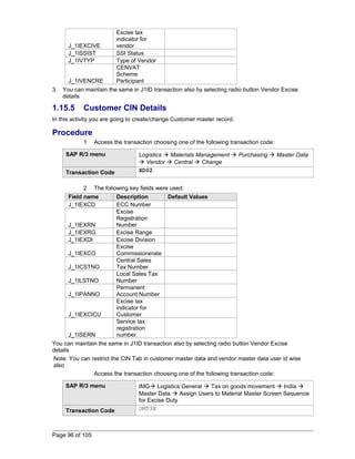 J_1IEXCIVE 
Excise tax 
indicator for 
vendor 
J_1ISSIST SSI Status 
J_1IVTYP Type of Vendor 
J_1IVENCRE 
CENVAT 
Scheme 
Participant 
3. You can maintain the same in J1ID transaction also by selecting radio button Vendor Excise 
details 
1.15.5 Customer CIN Details 
In this activity you are going to create/change Customer master record. 
Procedure 
1 Access the transaction choosing one of the following transaction code: 
SAP R/3 menu Logistics  Materials Management  Purchasing  Master Data 
 Vendor  Central  Change 
Transaction Code XD02 
2 The following key fields were used: 
Field name Description Default Values 
J_1IEXCD ECC Number 
J_1IEXRN 
Excise 
Registration 
Number 
J_1IEXRG Excise Range 
J_1IEXDI Excise Division 
J_1IEXCO 
Excise 
Commissionerate 
J_1ICSTNO 
Central Sales 
Tax Number 
J_1ILSTNO 
Local Sales Tax 
Number 
J_1IPANNO 
Permanent 
Account Number 
J_1IEXCICU 
Excise tax 
indicator for 
Customer 
J_1ISERN 
Service tax 
registration 
number 
You can maintain the same in J1ID transaction also by selecting radio button Vendor Excise 
details 
Note: You can restrict the CIN Tab in customer master data and vendor master data user id wise 
also 
Access the transaction choosing one of the following transaction code: 
SAP R/3 menu IMG Logistics General  Tax on goods movement  India  
Master Data  Assign Users to Material Master Screen Sequence 
for Excise Duty 
Transaction Code OMT3E 
Page 96 of 105 
 