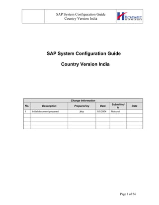 SAP System Configuration Guide
Country Version India
SAP System Configuration Guide
Country Version India
Change Information
No. Description Prepared by Date
Submitted
to
Date
1 Initial document prepared jkkp 9.9.2004 Mukund
Page 1 of 54
 