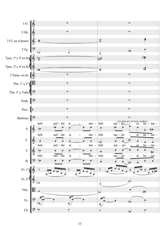 









3 Fl.   
2 Ob.   
2 Cl. en si bemol 
 



2 Fg.  

  








Tpas. 1ª y 3ª en fa   
  
Tpas. 2ª y 4ª en fa   
 


3 Tptas. en do   








Tbn. 1º y 2º   
Tbn. 3º y Tuba 
 


Timb. 
 


Perc.   


Barítono 

...me guía por el recto sendero...












S. 

beb



naf -

shi

ie -



sho -

beb


ian -

jei

 

-

ni

be -

ma -
C.  
beb



naf -

shi

ie -


 
sho -

beb


ian -

jei




-

ni

be -

ma -
T. 


beb


naf -

shi

ie -


 
sho -

beb


ian -

jei




-

ni

be -

ma -
B. 

beb


naf -

shi

ie -



sho -

beb


ian -

jei

 


-

ni

be -

ma -















Vl. 1º 



  


   



 


   

 
  


    

 
   
  
 
Vl. 2º    
Vlas.     
Vc.   

   

   

 
 
Cb. 

 
 
13
 