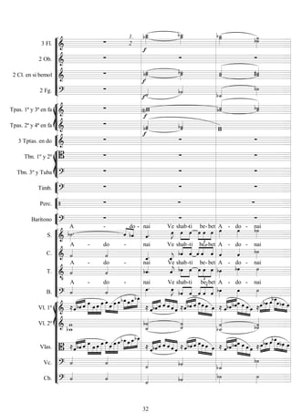 









3 Fl.  
1.
2




 
2 Ob.    
2 Cl. en si bemol  


 


2 Fg.  
  
 








Tpas. 1ª y 3ª en fa  

 
 

Tpas. 2ª y 4ª en fa  

 



3 Tptas. en do  

 








Tbn. 1º y 2º    
Tbn. 3º y Tuba 
  


Timb. 
  


Perc.    


Barítono 
  











S.  

A -


do

-


nai


Ve



shab-

ti





be

-

bet

A -

do -

nai
C.  
A -

do -

nai


Ve



shab-

ti 




be

-

bet

A -

do -

nai
T. 


A -

do -


nai


Ve


shab-

ti





be

-

bet

A -

do -

nai
B.  
A -

do -


nai


Ve


shab-

ti 




be

-

bet

A -

do -

nai















Vl. 1º   

  



   



   


 
 


 


     
  



    
 




    


 



 
Vl. 2º  
 
 



Vlas.    
  



   



    



 
 

 


     

  



    
 




     

 



 
Vc.  

 
 
Cb.  

  

32
 