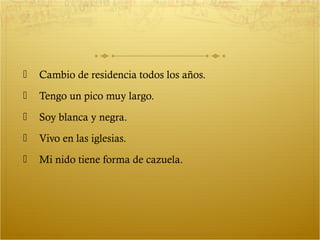    Cambio de residencia todos los años.
   Tengo un pico muy largo.
   Soy blanca y negra.
   Vivo en las iglesias.
   Mi nido tiene forma de cazuela.
 
