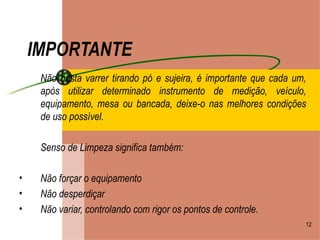 IMPORTANTE Não basta varrer tirando pó e sujeira, é importante que cada um, após utilizar determinado instrumento de medição, veículo, equipamento, mesa ou bancada, deixe-o nas melhores condições de uso possível. Senso de Limpeza significa também: Não forçar o equipamento Não desperdiçar Não variar, controlando com rigor os pontos de controle. 