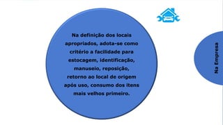 Praticando o SEITON
2º S – SEITON / Ordenação
Na
Empresa
Na definição dos locais
apropriados, adota-se como
critério a facilidade para
estocagem, identificação,
manuseio, reposição,
retorno ao local de origem
após uso, consumo dos itens
mais velhos primeiro.
 