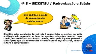 Significa criar condições favoráveis à saúde física e mental, garantir
ambiente não agressivo e livre de agentes poluentes, manter boas
condições sanitárias nas áreas comuns, zelar pela higiene pessoal e
cuidar para que as informações e comunicados sejam claros, de fácil
leitura e compreensão.
4º S – SEIKETSU / Padronização e Saúde
Crie padrões, e cuide
da segurança dos
colaboradores
 