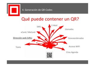 4. Generación de QR-Codes


          Qué puede contener un QR?
                                  E-Mail
                        SMS
                                           Llamadas
       vCard / MeCard

Dirección web (URL)                          Geocoordenadas


  Texto                                       Acceso WIFI

                                            Citas Agenda
 