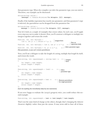 93
Lambda expressions
that parameter type. When the compiler can infer the parameter type, you can omit it.
Therefore, our example can be shortened:
Action<string> action =
(message) => Console.WriteLine("In delegate: {0}", message);
Finally, if the lambda expression has exactly one parameter, and that parameter’s type
is inferred, the parentheses can be dropped from the parameter list:
Action<string> action =
message => Console.WriteLine("In delegate: {0}", message);
Now let’s look at a couple of examples that return values. In each case, you’ll apply
every step you can to make it shorter. First, you’ll construct a delegate to multiply two
integers together and return the result:
Func<int, int, int> multiply =
(int x, int y) => { return x * y; };
Func<int, int, int> multiply = (int x, int y) => x * y;
Func<int, int, int> multiply = (x, y) => x * y;
(Two parameters, so you can’t remove parentheses)
Next, you’ll use a delegate to take the length of a string, multiply that length by itself,
and return the result:
Func<string, int> squareLength = (string text) =>
{
int length = text.Length;
return length * length;
};
Func<string, int> squareLength = (text) =>
{
int length = text.Length;
return length * length;
};
Func<string, int> squareLength = text =>
{
int length = text.Length;
return length * length;
};
(Can’t do anything else immediately; body has two statements)
If you were happy to evaluate the Length property twice, you could reduce this sec-
ond example:
Func<string, int> squareLength = text => text.Length * text.Length;
That’s not the same kind of change as the others, though; that’s changing the behavior
(however slightly) rather than just the syntax. It may seem odd to have all of these
Longest form
Uses an
expression body
Infers parameter types
Longest
form
Infers
parameter type
Removes parentheses
for single parameter
 