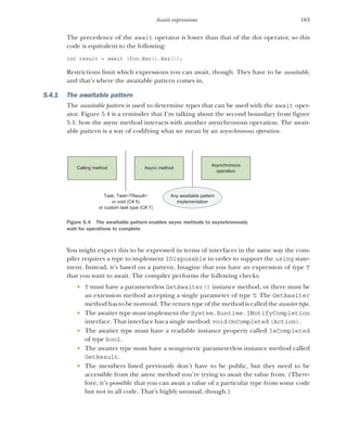 163
Await expressions
The precedence of the await operator is lower than that of the dot operator, so this
code is equivalent to the following:
int result = await (foo.Bar().Baz());
Restrictions limit which expressions you can await, though. They have to be awaitable,
and that’s where the awaitable pattern comes in.
5.4.1 The awaitable pattern
The awaitable pattern is used to determine types that can be used with the await oper-
ator. Figure 5.4 is a reminder that I’m talking about the second boundary from figure
5.1: how the async method interacts with another asynchronous operation. The await-
able pattern is a way of codifying what we mean by an asynchronous operation.
Figure 5.4 The awaitable pattern enables async methods to asynchronously
wait for operations to complete
You might expect this to be expressed in terms of interfaces in the same way the com-
piler requires a type to implement IDisposable in order to support the using state-
ment. Instead, it’s based on a pattern. Imagine that you have an expression of type T
that you want to await. The compiler performs the following checks:
 T must have a parameterless GetAwaiter() instance method, or there must be
an extension method accepting a single parameter of type T. The GetAwaiter
method has to be nonvoid. The return type of the method is called the awaiter type.
 The awaiter type must implement the System.Runtime.INotifyCompletion
interface. That interface has a single method: void OnCompleted (Action).
 The awaiter type must have a readable instance property called IsCompleted
of type bool.
 The awaiter type must have a nongeneric parameterless instance method called
GetResult.
 The members listed previously don’t have to be public, but they need to be
accessible from the async method you’re trying to await the value from. (There-
fore, it’s possible that you can await a value of a particular type from some code
but not in all code. That’s highly unusual, though.)
Calling method
Task, Task<TResult>
or void (C# 5)
or custom task type (C# 7)
Async method
Any awaitable pattern
implementation
Asynchronous
operation
 