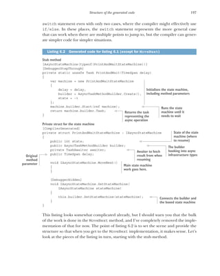 197
Structure of the generated code
switch statement even with only two cases, where the compiler might effectively use
if/else. In these places, the switch statement represents the more general case
that can work when there are multiple points to jump to, but the compiler can gener-
ate simpler code for simpler situations.
Stub method
[AsyncStateMachine(typeof(PrintAndWaitStateMachine))]
[DebuggerStepThrough]
private static unsafe Task PrintAndWait(TimeSpan delay)
{
var machine = new PrintAndWaitStateMachine
{
delay = delay,
builder = AsyncTaskMethodBuilder.Create(),
state = -1
};
machine.builder.Start(ref machine);
return machine.builder.Task;
}
Private struct for the state machine
[CompilerGenerated]
private struct PrintAndWaitStateMachine : IAsyncStateMachine
{
public int state;
public AsyncTaskMethodBuilder builder;
private TaskAwaiter awaiter;
public TimeSpan delay;
void IAsyncStateMachine.MoveNext()
{
}
[DebuggerHidden]
void IAsyncStateMachine.SetStateMachine(
IAsyncStateMachine stateMachine)
{
this.builder.SetStateMachine(stateMachine);
}
}
This listing looks somewhat complicated already, but I should warn you that the bulk
of the work is done in the MoveNext method, and I’ve completely removed the imple-
mentation of that for now. The point of listing 6.2 is to set the scene and provide the
structure so that when you get to the MoveNext implementation, it makes sense. Let’s
look at the pieces of the listing in turn, starting with the stub method.
Listing 6.2 Generated code for listing 6.1 (except for MoveNext)
Initializes the state machine,
including method parameters
Runs the state
machine until it
needs to wait
Returns the task
representing the
async operation
State of the state
machine (where
to resume)
The builder
hooking into async
infrastructure types
Awaiter to fetch
result from when
resuming
Original
method
parameter Main state machine
work goes here.
Connects the builder and
the boxed state machine
 