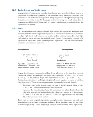 321
Tuple literals and tuple types
11.2 Tuple literals and tuple types
You can think of tuples as the introduction of some types into the CLR and some syn-
tactic sugar to make those types easy to use, both in terms of specifying them (for vari-
ables and so on) and constructing values. I’m going to start off explaining everything
from the perspective of the C# language without worrying too much about how it
maps onto the CLR; then I’ll loop back to explain everything the compiler is doing for
you behind the scenes.
11.2.1 Syntax
C# 7 introduces two new pieces of syntax: tuple literals and tuple types. They look sim-
ilar: they’re both comma-separated sequences of two or more elements in parenthe-
ses. In a tuple literal, each element has a value and an optional name. In a tuple type,
each element has a type and an optional name. Figure 11.1 shows an example of a
tuple literal; figure 11.2 shows an example of a tuple type. Each has one named ele-
ment and one unnamed element.
In practice, it’s more common for either all the elements to be named or none of
them to be named. For example, you might have tuple types of (int, int) or (int
x, int y, int z), and you might have tuple literals of (x: 1, y: 2) or (1, 2, 3).
But this is a coincidence; nothing is tying the elements together in terms of whether
they have names. There are two restrictions on names to be aware of, though:
 The names have to be unique within the type or literal. A tuple literal of (x:
1, x: 2) isn’t allowed and wouldn’t make any sense.
 Names of the form ItemN, where N is an integer, are allowed only where the
value of N matches the position in the literal or type, starting at 1. So (Item1:
0, Item2: 0) is fine, but (Item2: 0, Item1: 0) is prohibited. You’ll see why
this is the case in the next section.
Tuple types are used to specify types in the same places other type names are used: vari-
able declarations, method return types, and so on. Tuple literals are used like any other
expression specifying a value; they simply compose those elements into a tuple value.
Unnamed element
(5, title: "text")
Named element
Figure 11.1 A tuple literal with
element values 5 and "text". The
second element is named title.
Unnamed element
(int x, Guid)
Named element
Figure 11.2 A tuple type with
element types int and Guid.
The first element is named x.
 