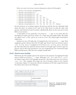 339
Tuples in the CLR
There are nine ValueTuple structs with generic arities of 0 through 8:
 System.ValueTuple (nongeneric)
 System.ValueTuple<T1>
 System.ValueTuple<T1, T2>
 System.ValueTuple<T1, T2, T3>
 System.ValueTuple<T1, T2, T3, T4>
 System.ValueTuple<T1, T2, T3, T4, T5>
 System.ValueTuple<T1, T2, T3, T4, T5, T6>
 System.ValueTuple<T1, T2, T3, T4, T5, T6, T7>
 System.ValueTuple<T1, T2, T3, T4, T5, T6, T7, TRest>
For the moment, we’re going to ignore the first two and the last one, although I talk
about the latter in sections 11.4.7 and 11.4.8. That leaves us with the types with
generic arities between 2 and 7 inclusive. (Realistically, those are the ones you’re most
likely to use anyway.)
A description of any particular ValueTuple<...> type is very much like the
description of tuple types from earlier: it’s a value type with public fields. The fields
are called Item1, Item2, and so on, as far as Item7. The arity-8 tuple’s final field is
called Rest.
Anytime you use a C# tuple type, it’s mapped onto a ValueTuple<...> type. That
mapping is pretty obvious when the C# tuple type doesn’t have any element names;
(int, string, byte) is mapped to ValueTuple<int, string, byte>, for exam-
ple. But what about the optional element names in C# tuple types? Generic types are
generic only in their type parameters; you can’t magically give two constructed types
different field names. How does the compiler handle this?
11.4.2 Element name handling
Effectively, the C# compiler ignores the names for the purposes of mapping C# tuple
types to CLR ValueTuple<...> types. Although (int, int) and (int x, int y)
are distinct types from a C# language perspective, they both map onto ValueTuple
<int, int>. The compiler then maps any uses of element names to the relevant
ItemN name. Figure 11.5 shows the effective translation of C# with a tuple literal into
C#, which refers only to the CLR types.
var tuple = (x: 10, y: 20);
Console.WriteLine(tuple.x);
Console.WriteLine(tuple.y);
var tuple = new ValueTuple<int, int>(10, 20);
Console.WriteLine(tuple.Item1);
Console.WriteLine(tuple.Item2);
Compiler translation
Figure 11.5 Compiler translation
of tuple type handling into use of
ValueTuple
 