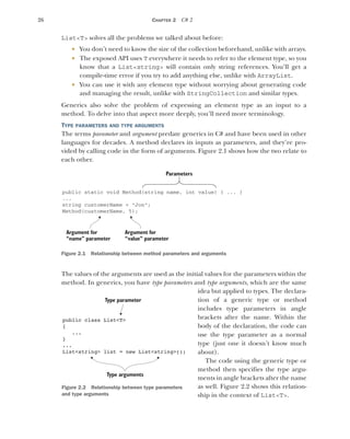 26 CHAPTER 2 C# 2
List<T> solves all the problems we talked about before:
 You don’t need to know the size of the collection beforehand, unlike with arrays.
 The exposed API uses T everywhere it needs to refer to the element type, so you
know that a List<string> will contain only string references. You’ll get a
compile-time error if you try to add anything else, unlike with ArrayList.
 You can use it with any element type without worrying about generating code
and managing the result, unlike with StringCollection and similar types.
Generics also solve the problem of expressing an element type as an input to a
method. To delve into that aspect more deeply, you’ll need more terminology.
TYPE PARAMETERS AND TYPE ARGUMENTS
The terms parameter and argument predate generics in C# and have been used in other
languages for decades. A method declares its inputs as parameters, and they’re pro-
vided by calling code in the form of arguments. Figure 2.1 shows how the two relate to
each other.
Figure 2.1 Relationship between method parameters and arguments
The values of the arguments are used as the initial values for the parameters within the
method. In generics, you have type parameters and type arguments, which are the same
idea but applied to types. The declara-
tion of a generic type or method
includes type parameters in angle
brackets after the name. Within the
body of the declaration, the code can
use the type parameter as a normal
type (just one it doesn’t know much
about).
The code using the generic type or
method then specifies the type argu-
ments in angle brackets after the name
as well. Figure 2.2 shows this relation-
ship in the context of List<T>.
Argument for
“name” parameter
Argument for
“value” parameter
Parameters
public static void Method(string name, int value) { ... }
...
string customerName = "Jon";
Method(customerName, 5);
public class List<T>
{
...
}
...
List<string> list = new List<string>();
Type parameter
Type arguments
Figure 2.2 Relationship between type parameters
and type arguments
 