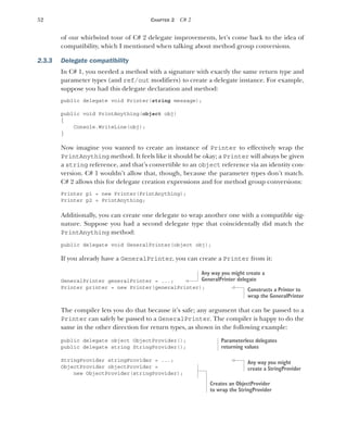 52 CHAPTER 2 C# 2
of our whirlwind tour of C# 2 delegate improvements, let’s come back to the idea of
compatibility, which I mentioned when talking about method group conversions.
2.3.3 Delegate compatibility
In C# 1, you needed a method with a signature with exactly the same return type and
parameter types (and ref/out modifiers) to create a delegate instance. For example,
suppose you had this delegate declaration and method:
public delegate void Printer(string message);
public void PrintAnything(object obj)
{
Console.WriteLine(obj);
}
Now imagine you wanted to create an instance of Printer to effectively wrap the
PrintAnything method. It feels like it should be okay; a Printer will always be given
a string reference, and that’s convertible to an object reference via an identity con-
version. C# 1 wouldn’t allow that, though, because the parameter types don’t match.
C# 2 allows this for delegate creation expressions and for method group conversions:
Printer p1 = new Printer(PrintAnything);
Printer p2 = PrintAnything;
Additionally, you can create one delegate to wrap another one with a compatible sig-
nature. Suppose you had a second delegate type that coincidentally did match the
PrintAnything method:
public delegate void GeneralPrinter(object obj);
If you already have a GeneralPrinter, you can create a Printer from it:
GeneralPrinter generalPrinter = ...;
Printer printer = new Printer(generalPrinter);
The compiler lets you do that because it’s safe; any argument that can be passed to a
Printer can safely be passed to a GeneralPrinter. The compiler is happy to do the
same in the other direction for return types, as shown in the following example:
public delegate object ObjectProvider();
public delegate string StringProvider();
StringProvider stringProvider = ...;
ObjectProvider objectProvider =
new ObjectProvider(stringProvider);
Any way you might create a
GeneralPrinter delegate
Constructs a Printer to
wrap the GeneralPrinter
Parameterless delegates
returning values
Any way you might
create a StringProvider
Creates an ObjectProvider
to wrap the StringProvider
 