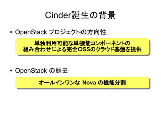 Cinder誕生の背景
●   OpenStack プロジェクトの方向性
       単独利用可能な単機能コンポーネントの
       単独利用可能な単機能コンポーネントの
     組み合わせによる完全OSSのクラウド基盤を提供
     組み合わせによる完全OSSのクラウド基盤を提供


●   OpenStack の歴史
         オールインワンな Nova の機能分割
         オールインワンな Nova の機能分割
 