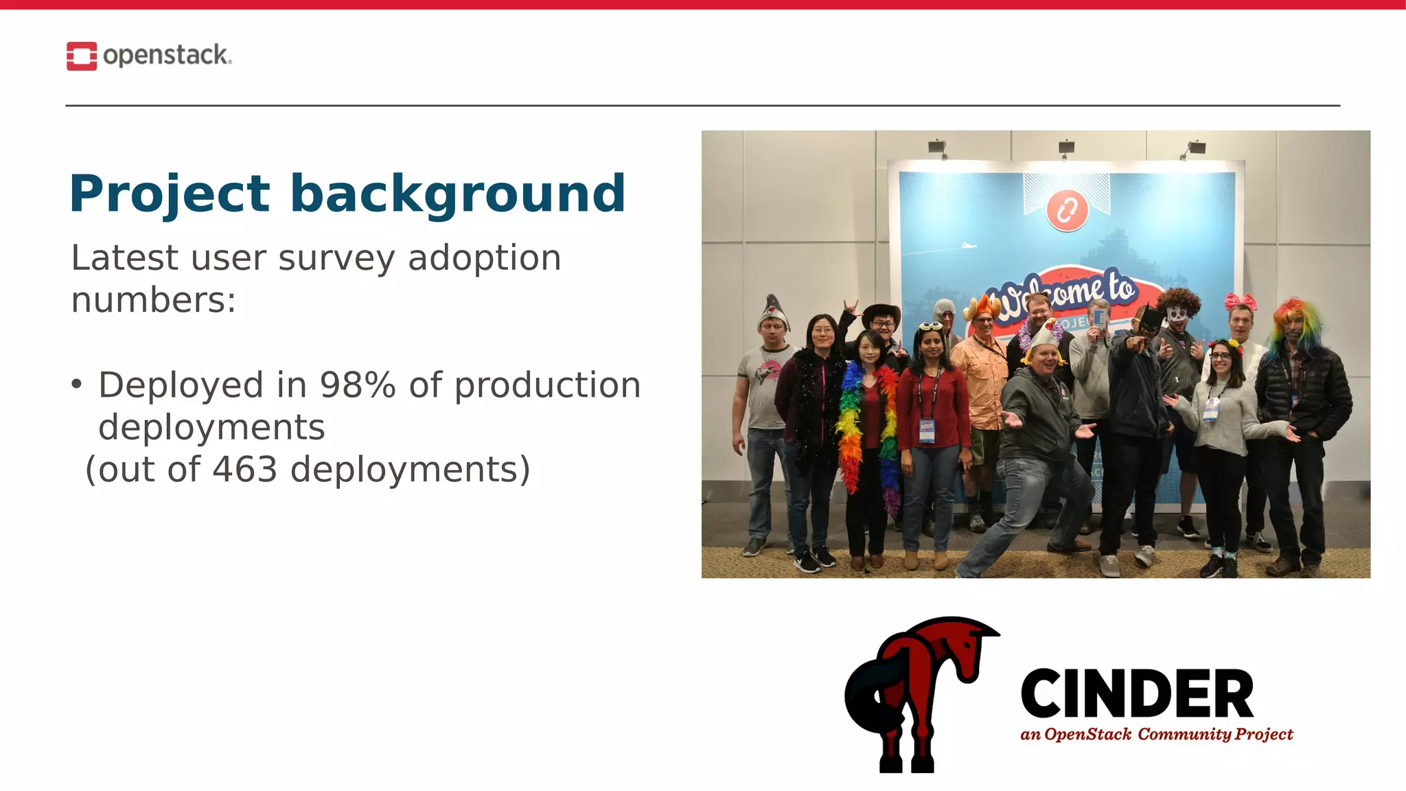 Project background
Latest user survey adoption
numbers:
• Deployed in 98% of production
deployments
(out of 463 deployments)
 