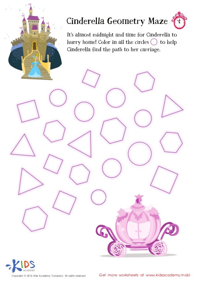 cinderella geometry maze printable worksheet for kids