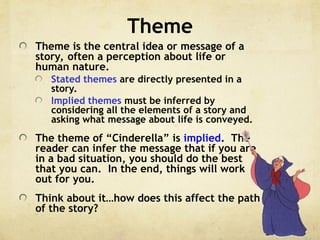 Theme
Theme is the central idea or message of a
story, often a perception about life or
human nature.
Stated themes are directly presented in a
story.
Implied themes must be inferred by
considering all the elements of a story and
asking what message about life is conveyed.
The theme of “Cinderella” is implied. The
reader can infer the message that if you are
in a bad situation, you should do the best
that you can. In the end, things will work
out for you.
Think about it…how does this affect the path
of the story?
 
