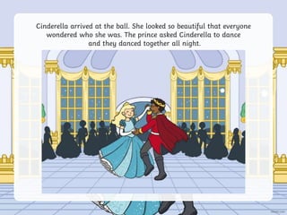 Cinderella arrived at the ball. She looked so beautiful that everyone
wondered who she was. The prince asked Cinderella to dance
and they danced together all night.
 