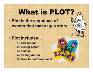 What is PLOT?
• Plot is the sequence of
events that make up a story.
• Plot includes…
1) Exposition
2) Rising Action
3) Climax
4) Falling Action
5) Resolution/Denoument
 