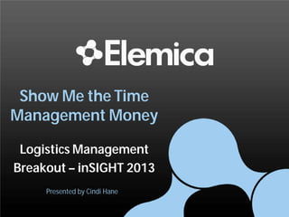 Show Me the Time
Management Money
Logistics Management
Breakout – inSIGHT 2013
Presented by Cindi Hane
 