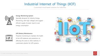 © Cindrel Technologies Pvt Ltd. 2018, All rights reserved
Energy Monitoring System
Specially designed for Industry Energy
Monitoring, with high voltages and suggest
efficient supply of power input to save
energy consumption
UPS Battery Maintenance
Proactive monitoring to maintain the health
of the UPS batteries and prevention on
affecting the same to other batteries. A
customized solution for UPS systems.
Industrial Internet of Things (IIOT)
Customised cloud based solutions for Industries
 