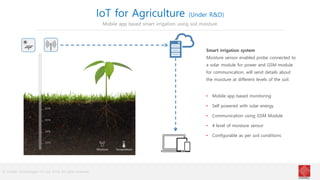 © Cindrel Technologies Pvt Ltd. 2018, All rights reserved
IoT for Agriculture (Under R&D)
Mobile app based smart irrigation using soil moisture
Smart irrigation system
Moisture sensor enabled probe connected to
a solar module for power and GSM module
for communication, will send details about
the moisture at different levels of the soil.
• Mobile app based monitoring
• Self powered with solar energy
• Communication using GSM Module
• 4 level of moisture sensor
• Configurable as per soil conditions
 