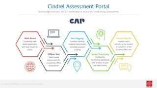 © Cindrel Technologies Pvt Ltd. 2018, All rights reserved
Cindrel Assessment Portal
Technology overview of CAP developed in house for conducting assessments
Web Based
Offline Test
Geo Tagging
Smart Proctoring
Instant Results
Completely web
based application
with dash board for
clients
Tablet based
assessments for
conducting offline
assessments
Location tracking
enabled assessments
including assessor
tracking
Intelligently
monitoring dashboard
with analysis of past
test data history
Compiles report
instantly ay the moment
of completion of test
including offline tests
 