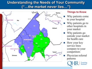 Understanding the Needs of Your Community
                           (“…the market never lies…”)
                        US Hwy 119
                                                                                                                                                                                      Wyoming            Things to Know
                                                                                                                                                        WEST VIRGINIA

                                                                                                                                                                                                        Why patients come
                
         Pikeville Methodist Hospital
                                                 Pike
                                                                                     KENTUCKY       VIRGINIA

                                                                                                                                                                          Welch Community Hospital
                                                                                                                                                                                                         to your hospital
                                                                                                                                                                                            
                                                                                                                                                                                US Hwy 52
                                                                                                                                                                                                        Why patients go to
                                                        US Hwy 460
                                                                                                     24620
                                                                                                                                                                                                         other hospitals in
                                                                                                                                                                           McDowell
                                                                                                                                                                                                         your market
                                                                                                                                                24850

                                                                     24603
                                                                                                                                                                                                        Why patients go
        US Hwy 23
                                                                                       24614
                                                                                                Buchanan
                                                                                                                                24634
                                                                                                                                                                                                         outside your market
                                                                        Buchanan General Hospital
                                                                                                                                  24657                                                                  for health care
                                                                                  
                                                        24256                                                  24631
                                                                                                                                                    24622                                               How your key
Jenkins Community Hospital
                                                                     24627
                                                                                                                   US Hwy 460                                                                            service lines
                                                                                    24656
                            Dickenson Community Hospital
                                        
                                                                24220
                                                                                                                                                                                                         compare to your
                                                                                                    24646
                                                                                                                                        24639                              Tazewell                      competitors
                                     Dickenson                                                                                                              Clinch Valley Medical Center               Physician referral
 US Hwy 23                                                                          24239
                                                                                                                                                        US Hwy 19                                        patterns
Wise
 