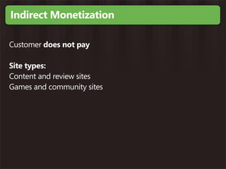 Indirect Monetization

Customer does not pay

Site types:
Content and review sites
Games and community sites
 