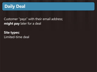 Daily Deal

Customer “pays” with their email address;
might pay later for a deal

Site types:
Limited-time deal
 