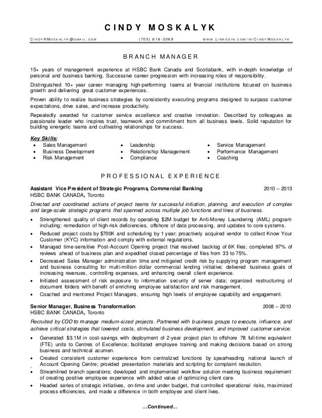 resume for branch manager