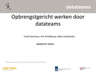 Opbrengstgericht werken door
datateams
Cindy Poortman, Kim Schildkamp, Adam Handelzalts
Wat werkt met ict in het onderwijs – Kennisnet, 24 april 2013
 