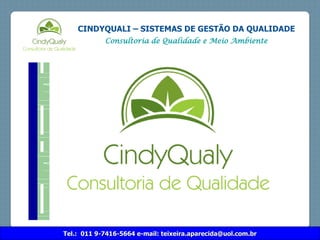 Tel.: 011 9-7416-5664 e-mail: teixeira.aparecida@uol.com.br
CINDYQUALI – SISTEMAS DE GESTÃO DA QUALIDADE
Consultoria de Qualidade e Meio Ambiente
 