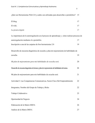 Guía N. 1. Competencias Comunicativas y Aprendizaje Autónomo.
3
¿Qué son Herramientas Web 2.0 y cuáles son utilizadas para desarrollar e-portafolios? 15
El blog. 17
El wiki. 17
La pizarra digital. 17
La importancia de la autorregulación en el proceso de aprendizaje y cómo realizar procesos de
autorregulación mediante el e-portafolio. 17
Inscripción a una de las carpetas de foro herramientas 2.0 19
Desarrollo de encuesta diagnóstica de escucha y plan de mejoramiento de habilidades de
escucha. 19
Mi plan de mejoramiento para mis habilidades de escucha será. 20
Desarrollodeencuestadiagnósticadelecturayplandemejoramientodehabilidadesdelectura. 20
Mi plan de mejoramiento para mis habilidades de escucha será. 21
Actividad 3. Las Competencias Comunicativas, Factor Clave Del Emprendimiento 22
Integrantes, Nombre del Grupo de Trabajo y Roles 22
Trabajo Colaborativo 23
Oportunidad de Negocio 24
Elaboración de la Matriz DOFA 26
Análisis de la Matriz DOFA 27
 