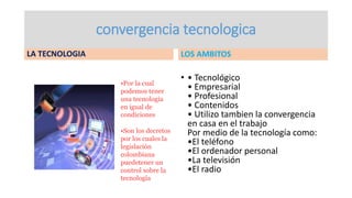 convergencia tecnologica
LA TECNOLOGIA LOS AMBITOS
• • Tecnológico
• Empresarial
• Profesional
• Contenidos
• Utilizo tambien la convergencia
en casa en el trabajo
Por medio de la tecnología como:
•El teléfono
•El ordenador personal
•La televisión
•El radio
•Por la cual
podemos tener
una tecnología
en igual de
condiciones
•Son los decretos
por los cuales la
legislación
colombiana
puedetener un
control sobre la
tecnología
 