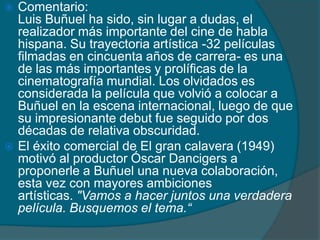  Comentario:
Luis Buñuel ha sido, sin lugar a dudas, el
realizador más importante del cine de habla
hispana. Su trayectoria artística -32 películas
filmadas en cincuenta años de carrera- es una
de las más importantes y prolíficas de la
cinematografía mundial. Los olvidados es
considerada la película que volvió a colocar a
Buñuel en la escena internacional, luego de que
su impresionante debut fue seguido por dos
décadas de relativa obscuridad.
 El éxito comercial de El gran calavera (1949)
motivó al productor Óscar Dancigers a
proponerle a Buñuel una nueva colaboración,
esta vez con mayores ambiciones
artísticas. "Vamos a hacer juntos una verdadera
película. Busquemos el tema.“
 