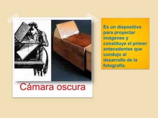 Es un dispositivo
para proyectar
imágenes y
constituye el primer
antecedentes que
condujo al
desarrollo de la
fotografía.
Cámara oscura
 