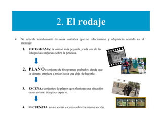 2. El rodaje
• Se articula combinando diversas unidades que se relacionarán y adquirirán sentido en el
montaje:
1. FOTOGRAMA: la unidad más pequeña, cada una de las
fotografías impresas sobre la película.
2. PLANO: conjunto de fotogramas grabados, desde que
la cámara empieza a rodar hasta que deja de hacerlo.
3. ESCENA: conjuntos de planos que plantean una situación
en un mismo tiempo y espacio.
4. SECUENCIA: una o varias escenas sobre la misma acción
 