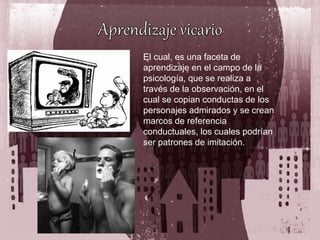 El cual, es una faceta de
aprendizaje en el campo de la
psicología, que se realiza a
través de la observación, en el
cual se copian conductas de los
personajes admirados y se crean
marcos de referencia
conductuales, los cuales podrían
ser patrones de imitación.
 