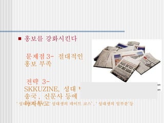 전략 홍보를 강화시킨다 문제점 3-   절대적인 홍보 부족 전략  3-  SKKUZINE,  성대 방송국 ,  신문사 등에 독자투고 ‘ 성대생의 친구’ , ‘ 성대생의 데이트 코스’ , ‘ 성대생의 일부분’등 