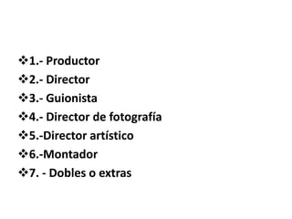 1.- Productor
2.- Director
3.- Guionista
4.- Director de fotografía
5.-Director artístico
6.-Montador
7. - Dobles o extras
 