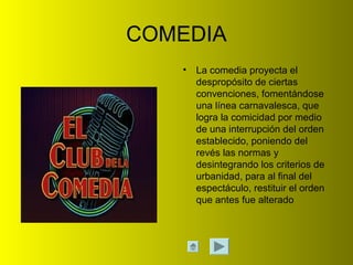 COMEDIA
• La comedia proyecta el
despropósito de ciertas
convenciones, fomentándose
una línea carnavalesca, que
logra la comicidad por medio
de una interrupción del orden
establecido, poniendo del
revés las normas y
desintegrando los criterios de
urbanidad, para al final del
espectáculo, restituir el orden
que antes fue alterado
 