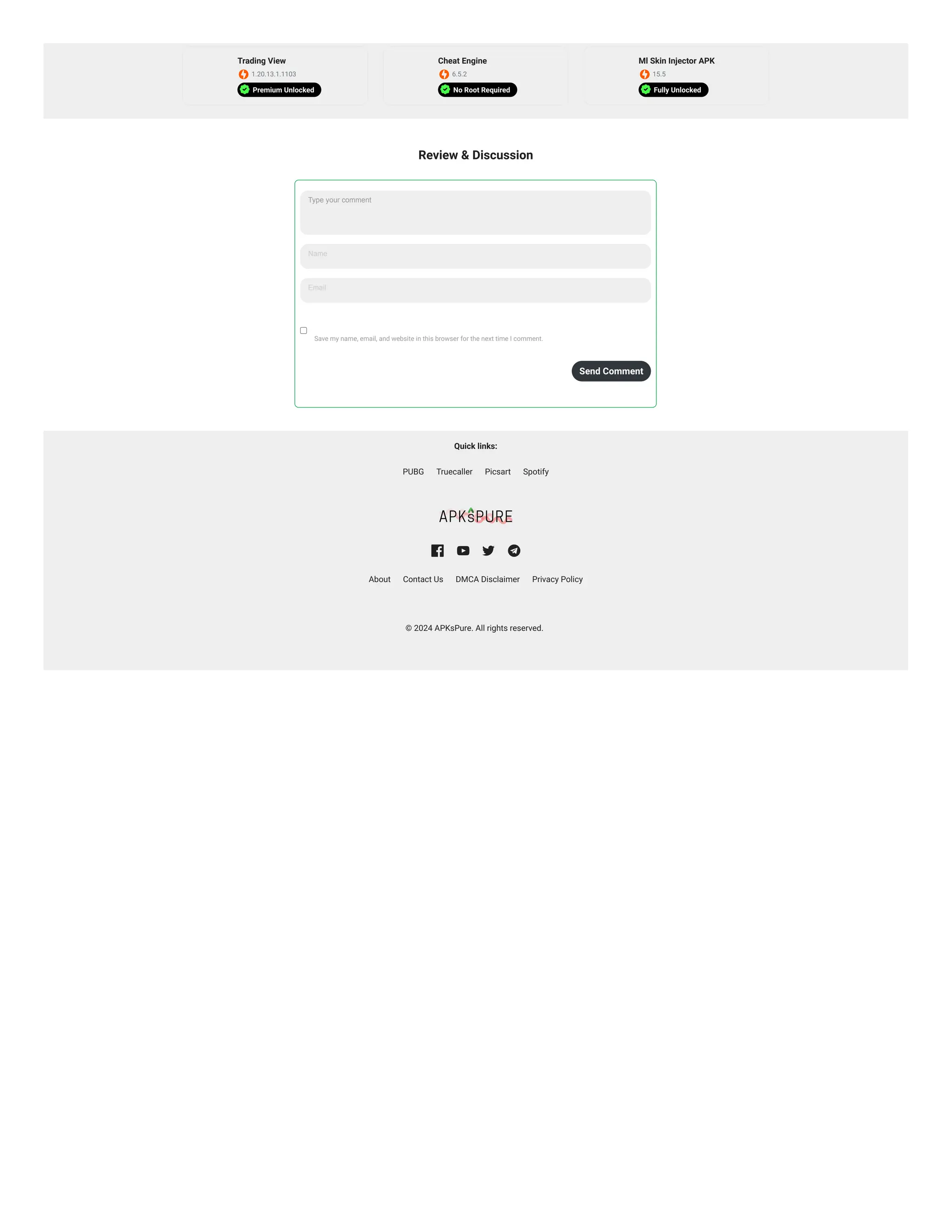 Review & Discussion
Type your comment
Name
Email
Save my name, email, and website in this browser for the next time I comment.
Send Comment
Quick links:
PUBG Truecaller Picsart Spotify
About Contact Us DMCA Disclaimer Privacy Policy
© 2024 APKsPure. All rights reserved.
Trading View
1.20.13.1.1103
Premium Unlocked
Cheat Engine
6.5.2
No Root Required
Ml Skin Injector APK
15.5
Fully Unlocked
 