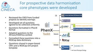 For prospec8ve data harmonisa8on
core phenotypes were developed
• Reviewed the CRFS from funded
projects to identify overlaps
• Developed set of questions
agreed to be collected uniformly
• Questions formatted in PhenX
format
• Adapted questions to the
African/H3Africa context
• Formatted these questions into a
REDCap data dictionary
• Questions shared in paper-based
CRFs and a REDCap xml project
template
 