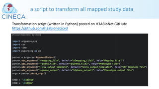 a script to transform all mapped study data
Transformation script (written in Python) posted on H3ABioNet GitHub:
https://github.com/h3abionet/cvd
 