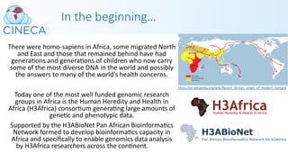 In the beginning…
There were homo-sapiens in Africa, some migrated North
and East and those that remained behind have had
generaPons and generaPons of children who now carry
some of the most diverse DNA in the world and possibly
the answers to many of the world’s health concerns.
Today one of the most well funded genomic research
groups in Africa is the Human Heredity and Health in
Africa (H3Africa) consorPum generaPng large amounts of
genePc and phenotypic data.
Supported by the H3ABioNet Pan African BioinformaPcs
Network formed to develop bioinformaPcs capacity in
Africa and speciﬁcally to enable genomics data analysis
by H3Africa researchers across the conPnent.
https://en.wikipedia.org/wiki/Recent_African_origin_of_modern_humans
 