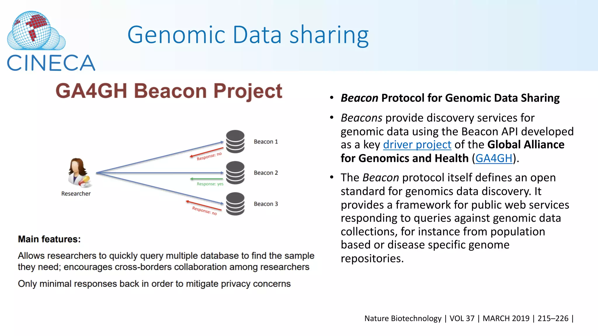 • Beacon Protocol for Genomic Data Sharing
• Beacons provide discovery services for
genomic data using the Beacon API developed
as a key driver project of the Global Alliance
for Genomics and Health (GA4GH).
• The Beacon protocol itself defines an open
standard for genomics data discovery. It
provides a framework for public web services
responding to queries against genomic data
collections, for instance from population
based or disease specific genome
repositories.
Genomic Data sharing
Nature Biotechnology | VOL 37 | MARCH 2019 | 215–226 |
 