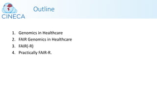 Outline
1. Genomics in Healthcare
2. FAIR Genomics in Healthcare
3. FAIR(-R)
4. Practically FAIR-R.
 